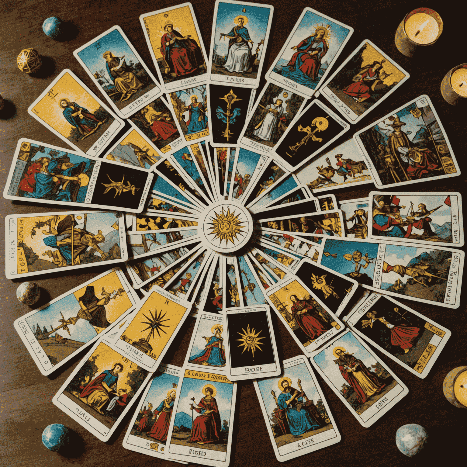 Tarot kartlarının yelpaze şeklinde açılmış hali, Major Arcana kartları ön planda