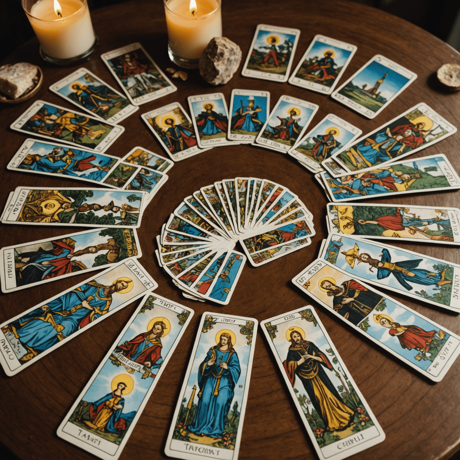 Tarot kartlarının yelpaze şeklinde açılmış hali, Major Arcana kartları ön planda