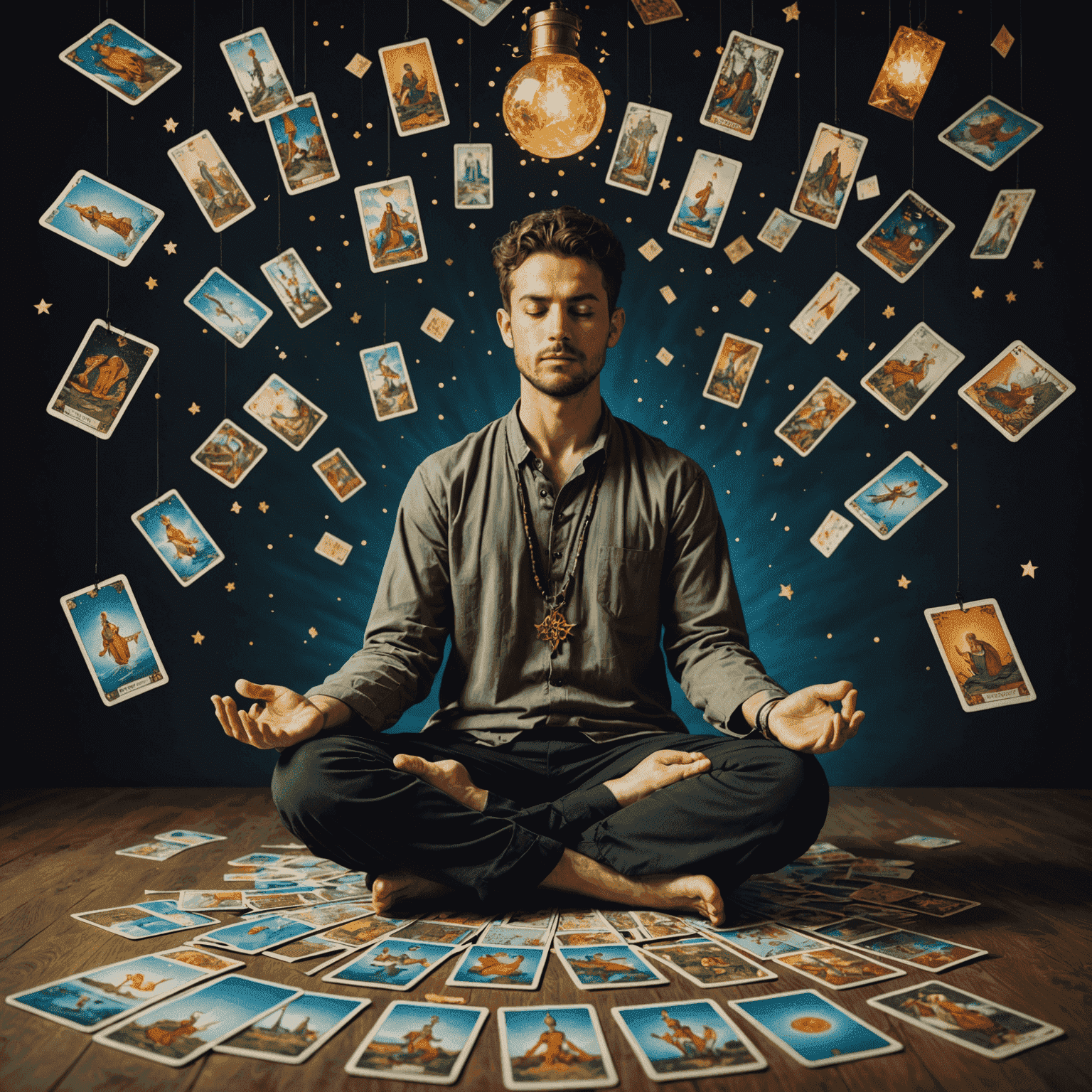 Meditasyon pozisyonunda oturan bir kişi, etrafında havada asılı duran tarot kartları